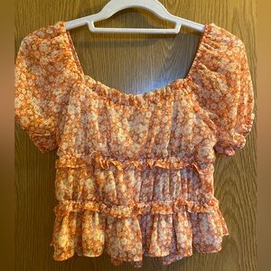 MOA MOA Peach Floral Chiffon Sheer Puff Sleeve Square Neck Crop Blouse Top